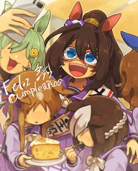  5girls :3 animal_ears birthday_sash blue_eyes blurry brown_hair cake cellphone dated depth_of_field domino_mask ears_down eating el_condor_pasa_(umamusume) faceless faceless_female food food_in_mouth fork golden_generation_(umamusume) grass_wonder_(umamusume) green_hair group_hug hair_ornament hairclip happy_birthday highres holding holding_phone holding_plate horse_ears horse_girl hug jiima_tarou king_halo_(umamusume) long_hair mask multicolored_hair multiple_girls open_mouth out_of_frame phone plate ponytail purple_shirt purple_skirt sash school_uniform seiun_sky_(umamusume) selfie shirt shoulder_sash skirt smartphone smile spanish_text special_week_(umamusume) teeth tongue tracen_school_uniform translated two-tone_hair umamusume upper_teeth_only 