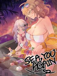  ahoge anis_(nikke) anis_(sparkling_summer)_(nikke) beach bikini bikini_skirt bird black_choker breast_envy breasts brown_eyes brown_hair choker collarbone cooking eyepatch_bikini eyewear_on_head female food front-tie_bikini_top front-tie_top girl_staring_at_guy&#039;s_chest_(meme) glasses goddess_of_victory:_nikke green_eyes grill grilling grin highleg highleg_bikini holding holding_skewer huge_breasts jacket legs meat meme navel neon_(blue_ocean)_(nikke) neon_(nikke) noharu ocean off_shoulder official_alternate_costume outdoors pink_ribbon pink_skirt pleated_skirt ribbon rice seabird seagull short_hair shrimp side-tie_bikini_bottom sitting skewer skirt sky smile star_(sky) stomach swimsuit teeth thighs three_quarter_view tinted_eyewear twitter_username white_bikini white_hair yellow_jacket 