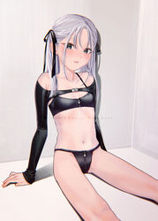  bare_shoulders black_bra black_panties black_ribbon blush bra expressionless female flat_chest grey_eyes grey_hair hair_ribbon highres long_hair looking_at_viewer nakamura_kuzuyu navel original panties parted_lips ribbon shrug_(clothing) sitting sleeves_past_wrists solo twintails underwear 