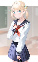  absurdres blonde_hair blue_eyes blue_sailor_collar blue_skirt blush box commentary female gift gift_box hair_ribbon highres holding holding_gift hololive kazama_iroha long_sleeves looking_at_viewer neckerchief parted_lips pleated_skirt red_neckerchief ribbon ryuya sailor_collar school_uniform serafuku shirt short_hair skirt solo twintails virtual_youtuber white_shirt 