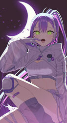  absurdres bandaid bandaid_on_leg bandeau bat_(animal) belt braid braided_bangs breasts buckle character_name cleavage crescent_moon demon_tail ear_piercing fangs female finger_to_mouth french_braid gloves green_eyes grey_hair highres hololive hooded_shrug knee_pads long_hair long_sleeves looking_at_viewer medium_breasts melting_tail midriff mito_(dncs8244) moon multicolored_hair night official_alternate_costume open_mouth piercing pink_hair ponytail purple_hair ribbed_bandeau see-through see-through_sleeves short_shorts shorts shrug_(clothing) sitting snap-fit_buckle solo streaked_hair tail thigh_belt thigh_strap tokoyami_towa tokoyami_towa_(5th_costume) two-sided_gloves very_long_hair virtual_youtuber white_bandeau white_belt white_gloves white_shorts white_shrug white_tail zipper_pull_tab 