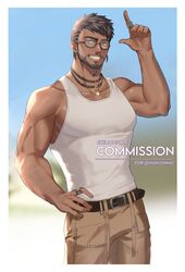  1boy artist_name bara beard belt biceps black_hair blue_eyes blurry blurry_background commission dark-skinned_male dark_skin day ear_piercing earrings exelionstar facial_hair final_fantasy final_fantasy_xiv gem glasses highres hyur jewelry long_sideburns looking_at_viewer male_focus manly mature_male muscular muscular_male necklace pants pectorals piercing ring sideburns smile solo tank_top thick_arms warrior_of_light_(ff14) 