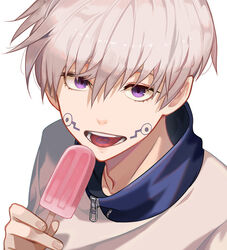  1boy commentary facial_tattoo food grey_hair hair_between_eyes holding holding_food inumaki_toge jujutsu_kaisen looking_at_viewer male_focus open_mouth peach_luo popsicle purple_eyes shirt short_hair simple_background solo tattoo tongue_tattoo upper_body white_background white_shirt zipper 