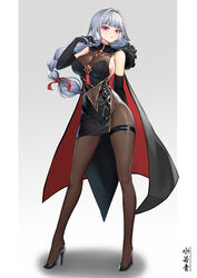  black_cape black_gloves black_pantyhose breasts cape chinese_commentary cleavage clothing_cutout commentary dress female gloves high_heels highres large_breasts legs navel_cutout original pantyhose shuiruoqing solo white_hair 