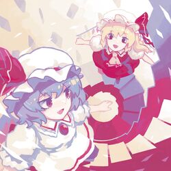  2girls :d album_cover ascot blonde_hair blue_hair brooch collared_dress commentary cover dress flandre_scarlet frilled_sleeves frills hat hat_ribbon highres jewelry looking_at_another looking_back mob_cap multiple_girls oerba_yun_fang open_mouth puffy_short_sleeves puffy_sleeves red_dress red_eyes red_ribbon remilia_scarlet ribbon short_hair short_sleeves siblings side_ponytail sisters smile stairs touhou wasabisuke white_dress white_headwear yellow_ascot 