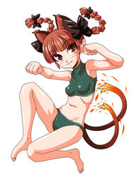  animal_ears bare_legs barefoot blunt_bangs braid cat_ears cat_tail fang_out female floating_hair fue_(fuef) kaenbyou_rin looking_at_viewer multiple_tails oerba_yun_fang paw_pose red_hair simple_background solo tail touhou twin_braids white_background 