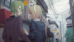  2girls black_jacket blonde_hair blue_eyes blue_jacket bow commentary from_behind green_eyes green_hair gumi hairbow hand_on_another&#039;s_shoulder highres hood hooded_jacket jacket kagamine_rin looking_back multiple_girls outdoors power_lines road short_hair street symbol-only_commentary tree urban utility_pole vocaloid white_bow wounds404 