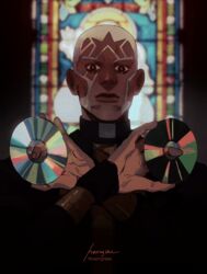  1boy cassock cd closed_mouth commentary cross-shaped_pupils dark-skinned_male dark_skin enrico_pucci highres holding_cd iridescent jojo_no_kimyou_na_bouken long_sleeves looking_at_viewer male_focus naruysae short_hair sideburns signature solo stone_ocean symbol-only_commentary symbol-shaped_pupils twitter_username upper_body very_short_hair white_hair x_arms 