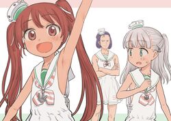  1boy 2girls arm_up armpits brown_eyes brown_hair commentary_request cosplay crossdressing crossed_arms crossover dark-skinned_female dark_skin green_eyes grey_hair gundam kantai_collection libeccio_(kancolle) maestrale_(kancolle) multiple_girls name_connection oerba_yun_fang omodaka_(nitera1041) one_side_up paptimus_scirocco simple_background sleeveless sweatdrop tan tanlines twintails zeta_gundam 