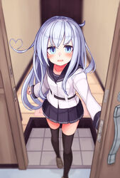  ahoge black_skirt black_thighhighs blue_eyes blush door doorway female grey_hair heart heart_ahoge hibiki_(kancolle) highres kantai_collection long_hair long_sleeves looking_at_viewer open_mouth pleated_skirt pov pov_doorway reitou_mikan skirt solo standing thighhighs verniy_(kancolle) 