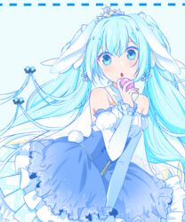  absurdres blue_eyes blue_hair chestnut_mouth commentary_request detached_sleeves dress easter_egg egg female floating_hair hair_between_eyes hatsune_miku highres holding juliet_sleeves layered_dress long_hair long_sleeves looking_at_viewer puffy_sleeves rabbit_tail so_ra_01_02 solo strapless strapless_dress tail tiara twintails underbust very_long_hair vocaloid white_sleeves yuki_miku yuki_miku_(2019) 