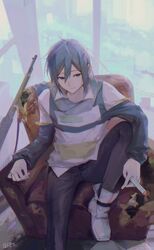  1boy absurdres alternate_costume artist_name beileimao black_pants blue_eyes blue_hair broken_furniture chinese_commentary commentary couch from_above gun highres holding kaito_(vocaloid) knee_up male_focus muted_color pants scarf sitting solo vocaloid weapon 