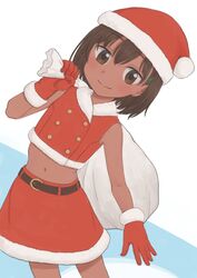  brown_eyes brown_hair commentary dark-skinned_female dark_skin dutch_angle female gloves hat looking_at_viewer midriff omodaka_(nitera1041) original sack santa_costume santa_gloves santa_hat short_hair simple_background solo 