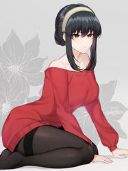  absurdres bare_shoulders black_hair black_pantyhose collarbone female hair_between_eyes hairband highres long_hair long_sleeves pantyhose parted_lips red_eyes red_sweater sakotach sitting solo spy_x_family sweater thighband_pantyhose yellow_hairband yokozuwari yor_briar 