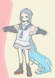  absurdly_long_hair adapted_costume black_socks blue_eyes blue_hair commentary_request dress female full_body gradient_hair highres kantai_collection kneehighs long_hair multicolored_hair ofly_(ofly252) outstretched_arms sailor_dress samidare_(kancolle) shoes sneakers socks solo standing sweater sweater_dress swept_bangs very_long_hair 