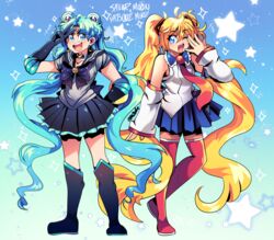  2girls alternate_hairstyle bishoujo_senshi_sailor_moon black_gloves black_skirt blonde_hair blue_eyes blue_hair blue_skirt boots character_name commentary cosplay costume_switch crossover detached_sleeves elbow_gloves english_commentary gloves hair_between_eyes hairstyle_switch hatsune_miku hatsune_miku_(cosplay) knee_boots magical_girl multiple_girls one_eye_closed onsta open_mouth parted_bangs sailor_collar sailor_moon sailor_moon_(cosplay) sailor_moon_pose sailor_senshi_uniform skirt sleeves_past_wrists thigh_boots thighhighs trait_connection tsukino_usagi twintails unofficial_sailor_senshi_uniform v vocaloid 