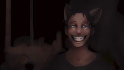  16:9 animal_humanoid blue_eyes canid canid_humanoid canine canine_humanoid clothed clothing creepypasta dog_humanoid drawfee drawfee_(copyright) fangs hi_res humanoid karina_farek male mammal mammal_humanoid prick_ears shirt smile.dog solo teeth toothy_grin topwear widescreen 