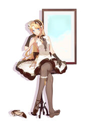  absurdres ankle_strap azur_lane black_gloves blonde_hair blue_eyes breasts brown_footwear brown_pantyhose chinese_commentary commentary_request crossed_legs dorsiflexion dress feet female full_body gloves high_heels highres kasa_(1136485976) looking_at_viewer no_shoes official_alternate_costume pantyhose partial_commentary see-through see-through_dress shoes single_shoe sitting sleeveless sleeveless_dress small_breasts soles solo toes unworn_shoes vanguard_(azur_lane) vanguard_(half-hearted_masquerade)_(azur_lane) white_dress 