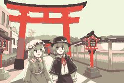  2girls :d arms_at_sides bow building buttons capelet collared_dress commentary cowboy_shot dress fedora hat hat_bow hedge house lantern limited_palette long_sleeves looking_at_another maribel_hearn medium_hair mob_cap multiple_girls neck_ribbon open_mouth pixel_art ribbon shirt short_hair skirt smile torii touhou tree usami_renko wall wasabisuke wooden_lantern 