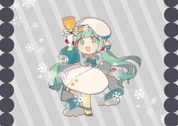  absurdres aqua_bow aqua_bowtie aqua_eyes aqua_hair arm_up bell beret bow bowtie chibi commentary dress earrings english_commentary female full_body gloves grey_background hat hatsune_miku highres holding holding_bell jewelry kakami_(pixiv7616827) long_hair open_mouth smile snowflakes solo taito taito_four_seasons_figure_(vocaloid) twintails very_long_hair vocaloid white_dress white_gloves white_hat yellow_legwear 