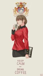  absurdres black_skirt braid breasts brown_eyes brown_hair clipboard coffee_mug cropped_legs cup emblem english_text female girls_und_panzer highres keep_calm_and_carry_on long_braid looking_away medium_breasts mug parted_lips rukuriri_(girls_und_panzer) single_braid skirt solo st._gloriana&#039;s_(emblem) st._gloriana&#039;s_military_uniform useless_(gss44344) 