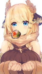  absurdres azur_lane bare_shoulders blonde_hair blue_eyes breasts brown_coat brown_sweater coat coat_dress commentary cross cross_necklace ehoumaki female flower_ornament food highres jewelry large_breasts laurel_crown looking_at_viewer makizushi mouth_hold necklace official_alternate_costume open_clothes ribbed_sweater shika_(shika0) sleeveless sleeveless_sweater solo sushi sweater taut_sweater_vest victorious_(azur_lane) victorious_(the_goddess&#039;_day_off)_(azur_lane) white_background 