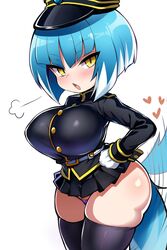  asagi_(bombergirl) belt black_hat black_jacket black_thighhighs blue_hair blush bombergirl breasts female gloves hat highres jacket large_breasts long_sleeves looking_at_viewer open_mouth panties peaked_cap purple_panties shimejinameko short_hair slit_pupils solo tail tail_wagging thick_thighs thighhighs thighs underwear white_gloves wide_hips wolf_girl wolf_tail yellow_eyes 