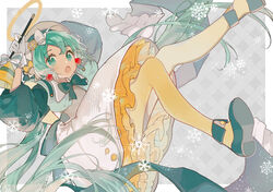  absurdres aqua_bow aqua_bowtie aqua_eyes aqua_hair bell beret bow bowtie commentary dress earrings english_commentary falling female frilled_dress frills gloves halo hat hatsune_miku highres holding holding_bell jewelry kakami_(pixiv7616827) layered_dress long_hair looking_at_viewer mary_janes open_mouth shoes snowflakes solo taito taito_four_seasons_figure_(vocaloid) twintails very_long_hair vocaloid white_dress white_gloves white_hat yellow_legwear 