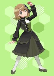  +_+ arm_up ascot black_dress brown_hair buttons closed_mouth commentary_request dress ebiura_akane eyelashes female full_body grey_eyes highres holding holding_poke_ball legs_apart looking_at_viewer medium_hair official_alternate_costume pantyhose poke_ball poke_ball_(basic) pokemon pokemon_masters_ex serena_(pokemon) serena_(sygna_suit)_(pokemon) shoes smile solo standing white_ascot white_pantyhose 