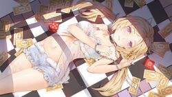  aki_rosenthal aki_rosenthal_(sleepwear) babydoll bare_legs blonde_hair bloomers board_game bob_cut bound bound_wrists breasts checkered_floor cleavage commentary cuffs detached_hair dice fake_money female from_above gpag14 handcuffs headgear headpiece highres hololive light_particles lips long_hair looking_at_viewer low_twintails lying medium_breasts money monopoly navel official_alternate_costume on_back parted_bangs parted_lips purple_eyes short_hair single_thighhigh smile solo spaghetti_strap sunlight symbol-only_commentary thighhighs thighs torn_clothes torn_thighhighs twintails underwear underwear_only virtual_youtuber white_thighhighs 