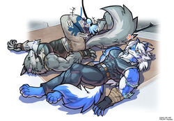  2020 abs anthro belt biceps blue_body blue_fur canid canine canis cheong_hwan clothed clothing digital_media_(artwork) duo fingerless_gloves fur gloves group hair handwear hi_res lying male mammal multicolored_body multicolored_fur muscular muscular_anthro muscular_arms muscular_male on_back pecs simple_background wolf wolfmalro 