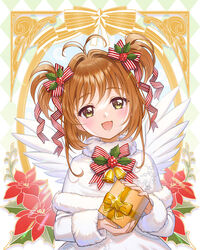  :d antenna_hair bangs blush bow box brown_hair cardcaptor_sakura christmas commentary dress female floral_print flower fur-trimmed_dress fur_collar fur_trim gift gift_box green_eyes hair_ornament hair_ribbon hairbow hat highres holding kimopoleis kinomoto_sakura long_sleeves looking_at_viewer magical_girl open_mouth red_flower ribbon short_hair smile solo striped striped_bow striped_neckwear striped_ribbon two_side_up upper_body white_dress white_wings wings 