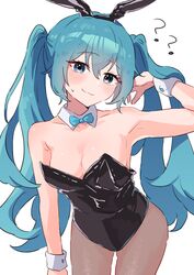  ? absurdres animal_ears black_corset black_pantyhose blue_bow blue_bowtie blue_eyes blue_hair bow bowtie breasts bunny_day commentary corset enipa_28 fake_animal_ears female hatsune_miku highres leaning_forward leotard long_hair looking_at_viewer pantyhose playboy_bunny smug strapless strapless_leotard very_long_hair vocaloid white_background 