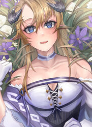  :d arknights bad_id bad_pixiv_id bare_shoulders blonde_hair blue_eyes collarbone commentary dress female flower hair_between_eyes highres horns long_hair looking_at_viewer nibiiro_(deep_4242) off-shoulder_dress off_shoulder official_alternate_costume open_mouth pointy_ears purple_flower rose saileach_(appreciate_fragrance)_(arknights) saileach_(arknights) smile solo upper_body white_dress white_flower white_rose 