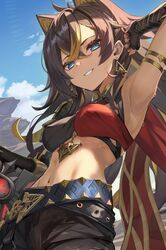  animal_ears arm_up bad_id bad_twitter_id black_hair black_pants blush breasts criss-cross_halter cropped dark-skinned_female dark_skin dehya_(genshin_impact) female genshin_impact hair_between_eyes halterneck highres hopepe lion_ears looking_at_viewer medium_breasts midriff multicolored_hair pants solo streaked_hair wolf&#039;s_gravestone_(genshin_impact) 