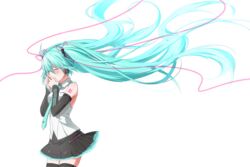  black_skirt black_sleeves black_thighhighs blue_hair blue_nails blue_necktie closed_eyes collared_shirt commentary cowboy_shot detached_sleeves dress_shirt female floating_hair hair_between_eyes hair_ribbon hatsune_miku hatsune_miku_(vocaloid4) headphones highres interlocked_fingers long_hair long_sleeves miniskirt nail_polish necktie pleated_skirt red_ribbon ribbon shirt simple_background skirt sleeveless sleeveless_shirt so_ra_01_02 solo standing thighhighs v4x very_long_hair vocaloid white_background white_shirt wing_collar zettai_ryouiki 