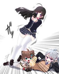  3girls :3 ahoge aiming animal_ears black_hair black_jacket black_thighhighs blazer blue_necktie blunt_ends blush bow bowtie brown_cardigan brown_hair brown_hoodie brown_skirt cardigan cat_ears cat_girl cat_tail chestnut_mouth chibi colored_tips commentary_request emphasis_lines falling fangs fish_hair_ornament floating_hair food fumino_tamaki grey_hair grey_skirt gun hair_ornament hairbow hairclip half_updo hand_on_own_head handgun head_rest highres higuchi_kaede higuchi_kaede_(1st_costume) holding holding_food holding_gun holding_weapon hood hood_down hoodie jacket kneehighs loafers long_hair long_sleeves lying miwa_(misui7d) multicolored_hair multiple_girls naan_bread necktie nijisanji on_floor on_side open_clothes open_jacket oversized_food oversized_object pink_bow pink_bowtie plaid plaid_skirt pleated_skirt ponytail purple_eyes school_uniform shoes simple_background skirt smile socks tail thick_eyebrows thick_thighs thighhighs thighs tripping tsukino_mito tsukino_mito_(1st_costume) v-shaped_eyebrows virtual_youtuber weapon white_background white_bow white_socks white_thighhighs zettai_ryouiki 