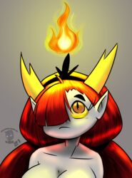  2021 big_breasts breasts crown demon disney erobuggy female fire grey_background hair hair_over_eye headgear hekapoo hi_res horn horned_humanoid humanoid humanoid_pointy_ears long_hair looking_up n-kosi one_eye_obstructed orange_eyes pupils red_hair signature simple_background slit_pupils solo star_vs._the_forces_of_evil tiara white_body yellow_sclera 