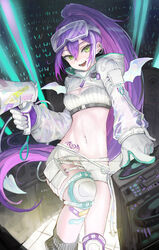  absurdres bandaid bandaid_on_leg bandeau belt braid braided_bangs breasts buckle character_name cleavage commentary_request concert demon_tail demon_wings ear_piercing fangs female french_braid gloves glowstick goggles goggles_on_head green_eyes highres hip_tattoo holding holding_megaphone hololive hooded_shrug knee_pads laser long_hair long_sleeves looking_at_viewer loose_socks medium_breasts megaphone melting_tail midriff mito_(dncs8244) multicolored_hair navel navel_piercing official_alternate_costume open_mouth piercing pink_hair ponytail pouch purple_hair ribbed_bandeau ribbon see-through see-through_sleeves short_shorts shorts shrug_(clothing) smile snap-fit_buckle socks solo stomach streaked_hair tail thigh_belt thigh_pouch thigh_strap tokoyami_towa tokoyami_towa_(5th_costume) turntable two-sided_gloves very_long_hair virtual_youtuber white_bandeau white_belt white_gloves white_hair white_ribbon white_shorts white_shrug white_tail white_wings winged_heart_tattoo wings zipper_pull_tab 