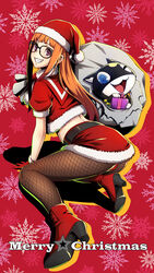  animal blue_eyes christmas commentary_request feline female fur-trimmed_gloves fur-trimmed_headwear fur-trimmed_skirt fur_trim gentle_sasaki glasses gloves grin hat highres looking_at_viewer looking_back merry_christmas morgana_(persona_5) open_mouth orange_hair pantyhose persona persona_5 purple_eyes sakura_futaba santa_costume santa_hat skirt smile 