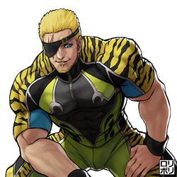  1boy animal_print bara beard blonde_hair blue_eyes eyepatch facial_hair goatee highres jamrolypoly large_pectorals male_focus mature_male muscular muscular_male pants pectorals ramon_(kof) scar scar_across_eye scar_on_face shirt snk solo the_king_of_fighters the_king_of_fighters_xiv the_king_of_fighters_xv tiger_print track_pants white_background wristband 