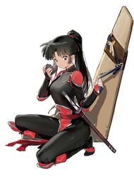  absurdres black_hair bodysuit boomerang breasts chinese_commentary commentary_request female full_body han-0v0 highres hiraikotsu inuyasha japanese_clothes katana long_hair medium_breasts ninja on_one_knee ponytail sango_(inuyasha) smile solo sword weapon white_background 