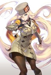  absurdres black_gloves blonde_hair blue_eyes breasts coat commentary_request female fingerless_gloves fingernails fur_hat gloves gradient_background guilty_gear guilty_gear_strive hair_between_eyes hat highres kin_mokusei lips long_hair long_sleeves looking_at_viewer medium_breasts millia_rage pantyhose parted_lips shiny_clothes shiny_skin simple_background solo ushanka 