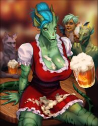  absurd_res alcohol anthro barmaid beer beverage blue_hair breasts claws clothed clothing costume cybernetics cyborg diana_digma dragon facial_horn female green_body green_eyes green_scales group hair hi_res horn hybrid looking_at_viewer machine mythological_creature mythological_scalie mythology orange_eyes scales scalie smile solo tail xestrago 