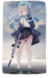  absurdres animal_ears assault_rifle bad_id bad_pixiv_id black_footwear black_skirt blue_archive blue_eyes blue_scarf closed_mouth cloud commentary cross_hair_ornament etoile female full_body grey_hair grey_sky gun hair_ornament halo highres kneehighs looking_away outdoors plaid plaid_skirt rifle scarf school_uniform shiroko_(blue_archive) shoes sig_556 sig_sauer skirt sky sneakers socks solo standing weapon white_socks wolf_ears 