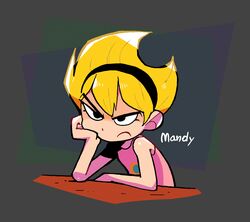  bare_shoulders black_eyes black_hairband blonde_hair closed_mouth commentary english_commentary female hairband halftone head_rest highres jaggy_lines mandy_(grim_adventures) rariatto_(ganguri) solo the_grim_adventures_of_billy_&amp;_mandy upper_body v-shaped_eyebrows 