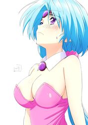  aqua_hair breasts circlet cleavage closed_mouth dress female haou_taikei_ryuu_knight highres large_breasts long_hair nori_(norimakigumo) paffy_pafuricia pink_dress purple_eyes simple_background solo very_long_hair white_background 