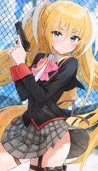  blazer blonde_hair blush bow clothes_lift commentary commission female green_eyes gun handgun highres holding holding_weapon holster jacket little_busters! little_busters!_school_uniform long_hair pink_bow plaid plaid_skirt pleated_skirt school_uniform shirt skirt skirt_lift solo sonchi thigh_holster thigh_strap tokido_saya twintails weapon white_shirt 