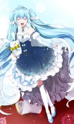  :d absurdres blue_footwear blue_hair bow breasts commentary detached_collar detached_sleeves diadem dress dutch_angle facing_viewer female floating_hair full_body hair_between_eyes hatsune_miku high_heels highres kneehighs layered_dress long_hair long_sleeves open_mouth pumps rabbit_yukine small_breasts smile so_ra_01_02 socks standing strapless strapless_dress striped striped_sleeves twintails twintails_day vertical_stripes very_long_hair vocaloid white_bow white_legwear white_sleeves yuki_miku yuki_miku_(2019) 