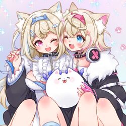  2girls :3 animal_ear_fluff animal_ears belt_collar black_collar black_jacket blue_nails blush breasts cleavage_cutout clothing_cutout collar commentary cropped_jacket cropped_shirt dog_ears dog_girl dress english_commentary fake_claws flat_chest fur-trimmed_jacket fur_trim fuwawa_abyssgard fuwawa_abyssgard_(1st_costume) hair_ornament hairpin headphones headphones_around_neck highres hololive hololive_english jacket large_breasts long_hair looking_at_another medium_hair mococo_abyssgard mococo_abyssgard_(1st_costume) multiple_girls nail_polish one_eye_closed open_mouth perroccino_(fuwamoco) pink_nails rabio_(labi555) shirt siblings sisters smile spiked_collar spikes twins virtual_youtuber white_dress white_shirt x_hair_ornament 